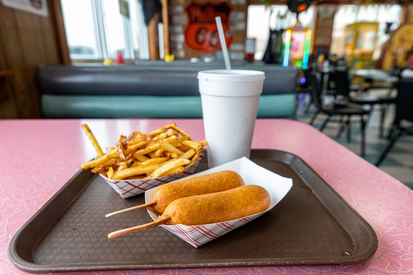 Corn dog and fries at Cozy Dog Drive In in Springfield, Illinois on Route 66