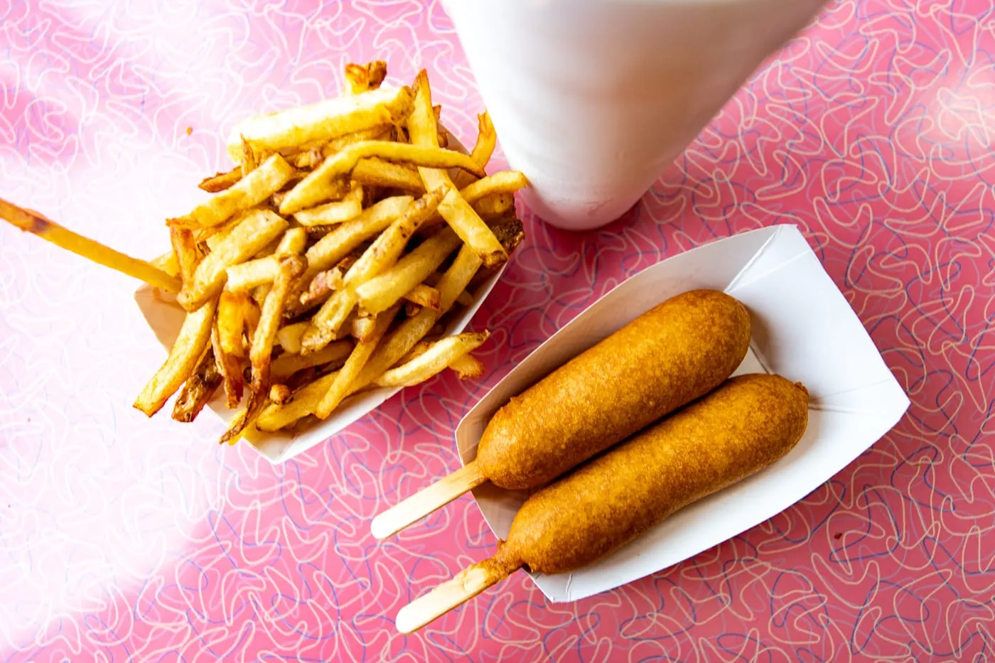 Corn dog and fries at Cozy Dog Drive In in Springfield, Illinois on Route 66