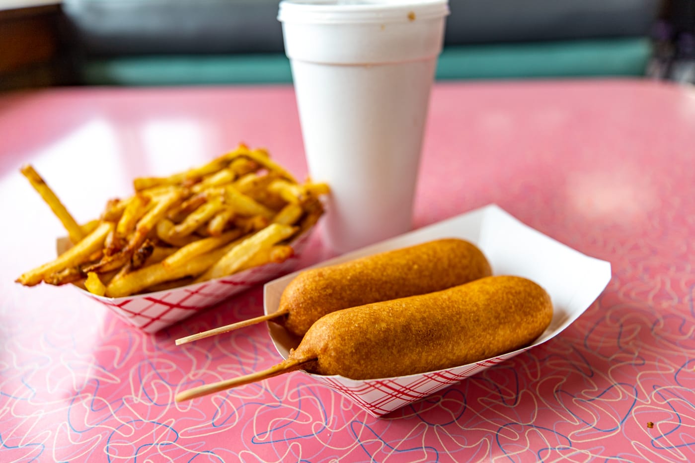 Corn dog and fries at Cozy Dog Drive In in Springfield, Illinois on Route 66