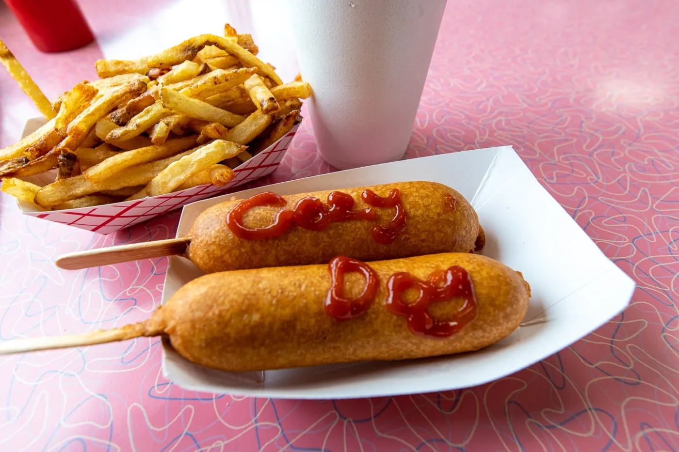 Corn dog and fries at Cozy Dog Drive In in Springfield, Illinois on Route 66