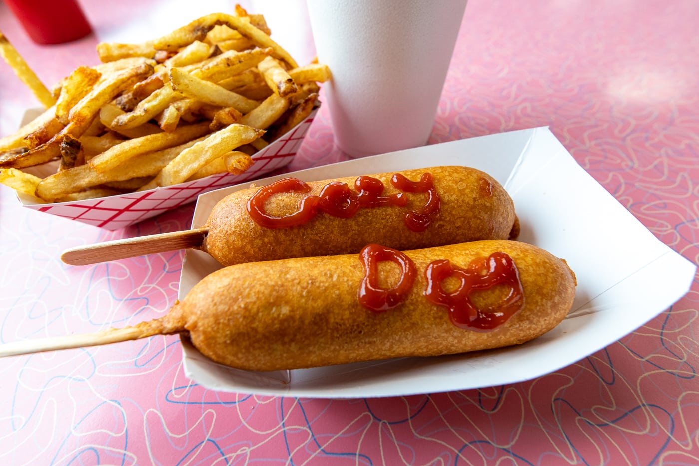 Corn dog and fries at Cozy Dog Drive In in Springfield, Illinois on Route 66