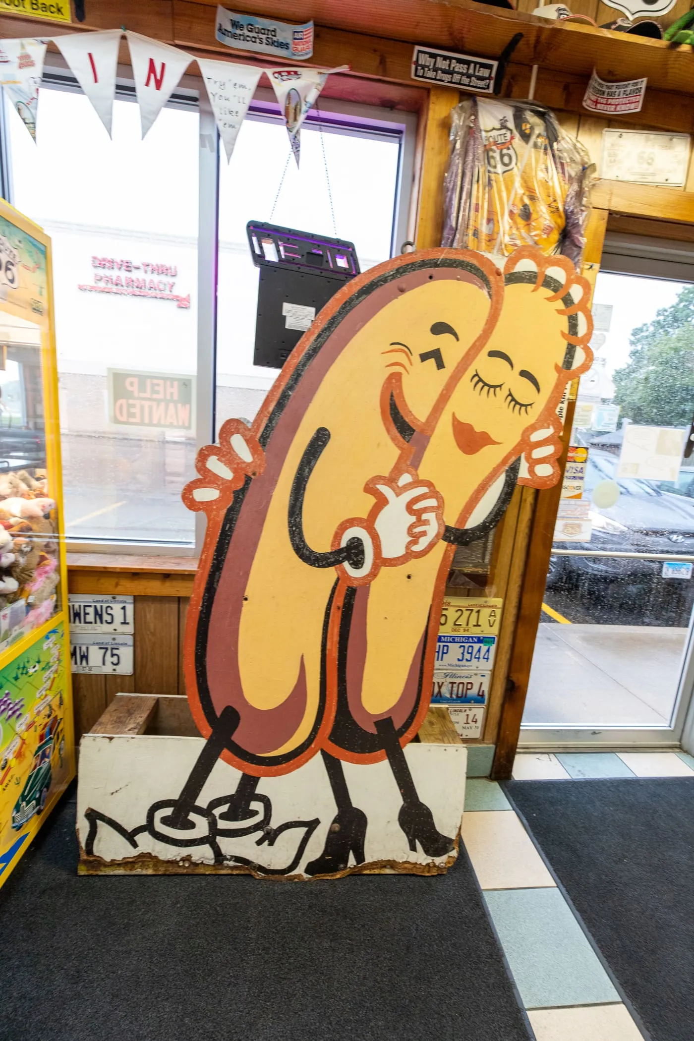 Corn dog dancing cutout at Cozy Dog Drive In in Springfield, Illinois on Route 66