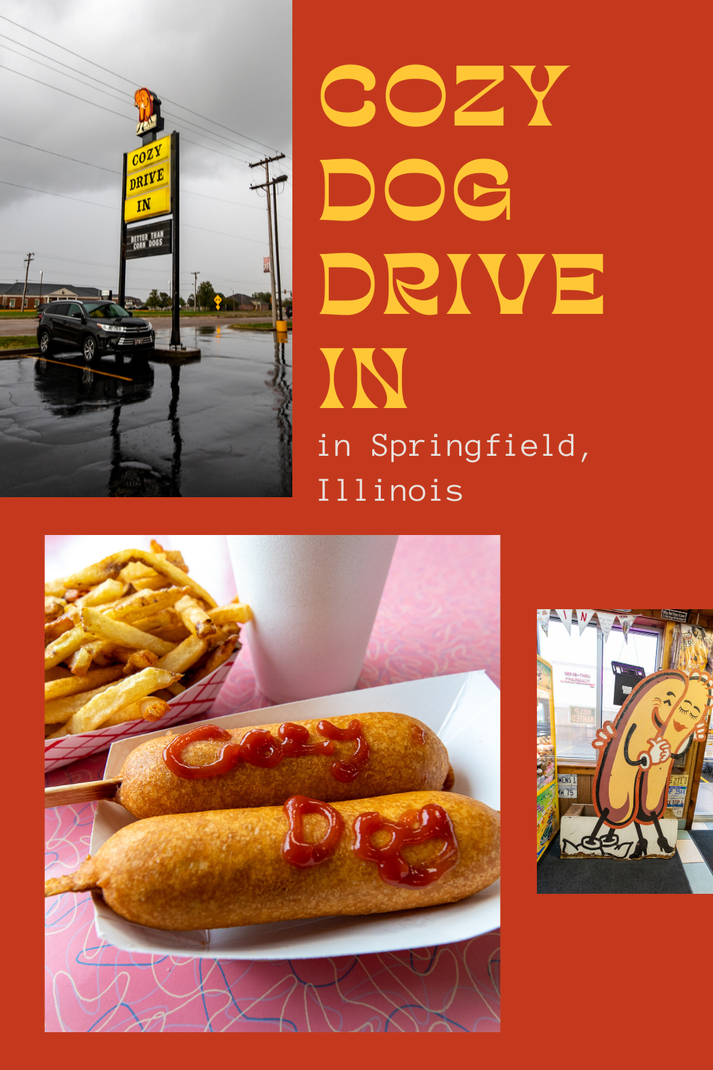 A juicy hot dog skewered on a stick, coated in a  corn laden batter, and deep fried to a crunchy golden brown. Get a taste of history at this Route 66 institution: Cozy Dog Drive In in Springfield, Illinois. Just don’t call it a corn dog. Visit this attraction on a Route 66 road trip through Illinois.  #RoadTrips #RoadTripStop #Route66 #Route66RoadTrip #IllinoisRoute66 #Illinois #IllinoisRoadTrip #IllinoisRoadsideAttractions #RoadsideAttractions #RoadsideAttraction #RoadsideAmerica #RoadTrip