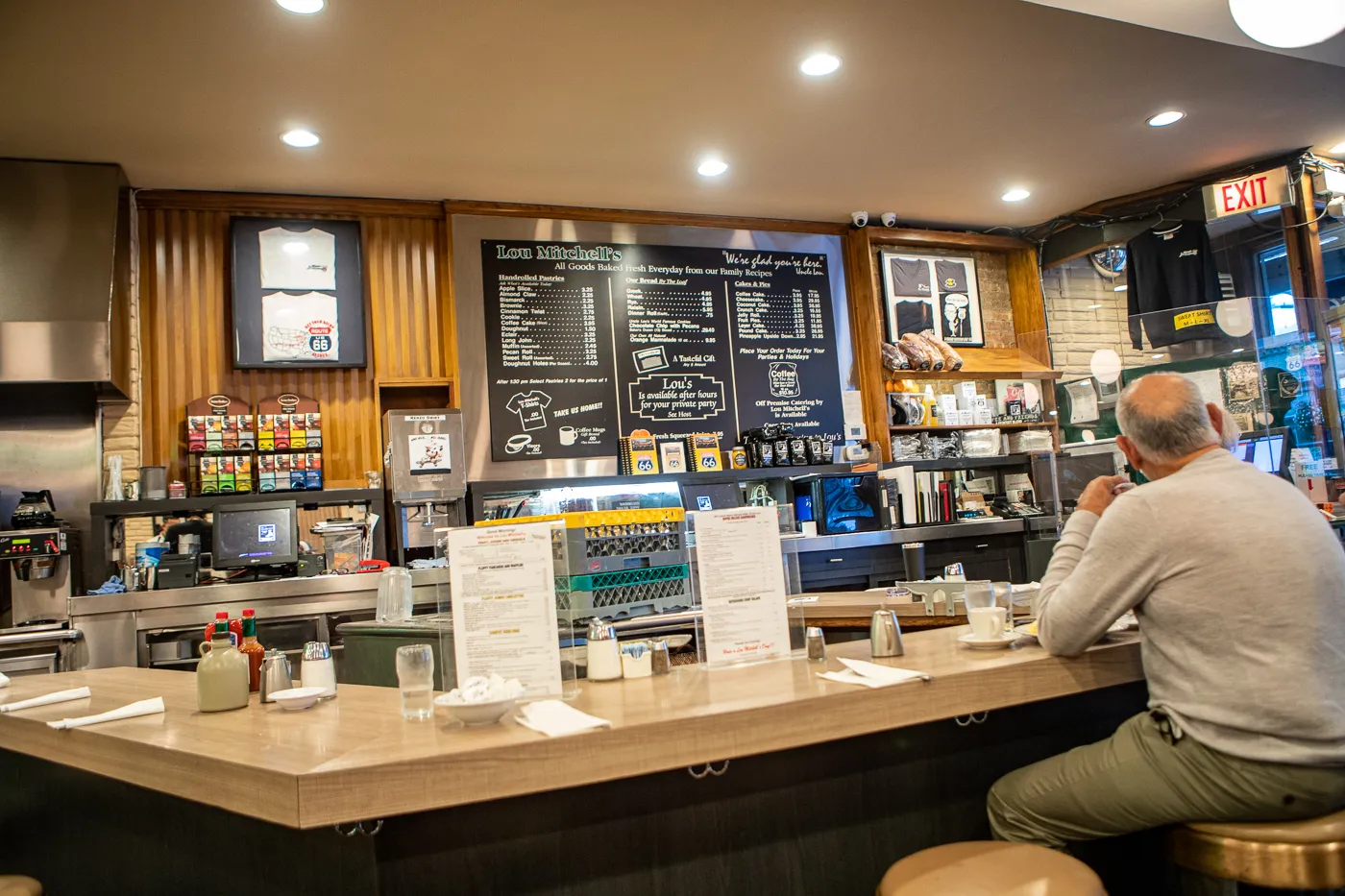 Menu board and counter at Lou Mitchell's Restaurant on Route 66 in Chicago, Illinois