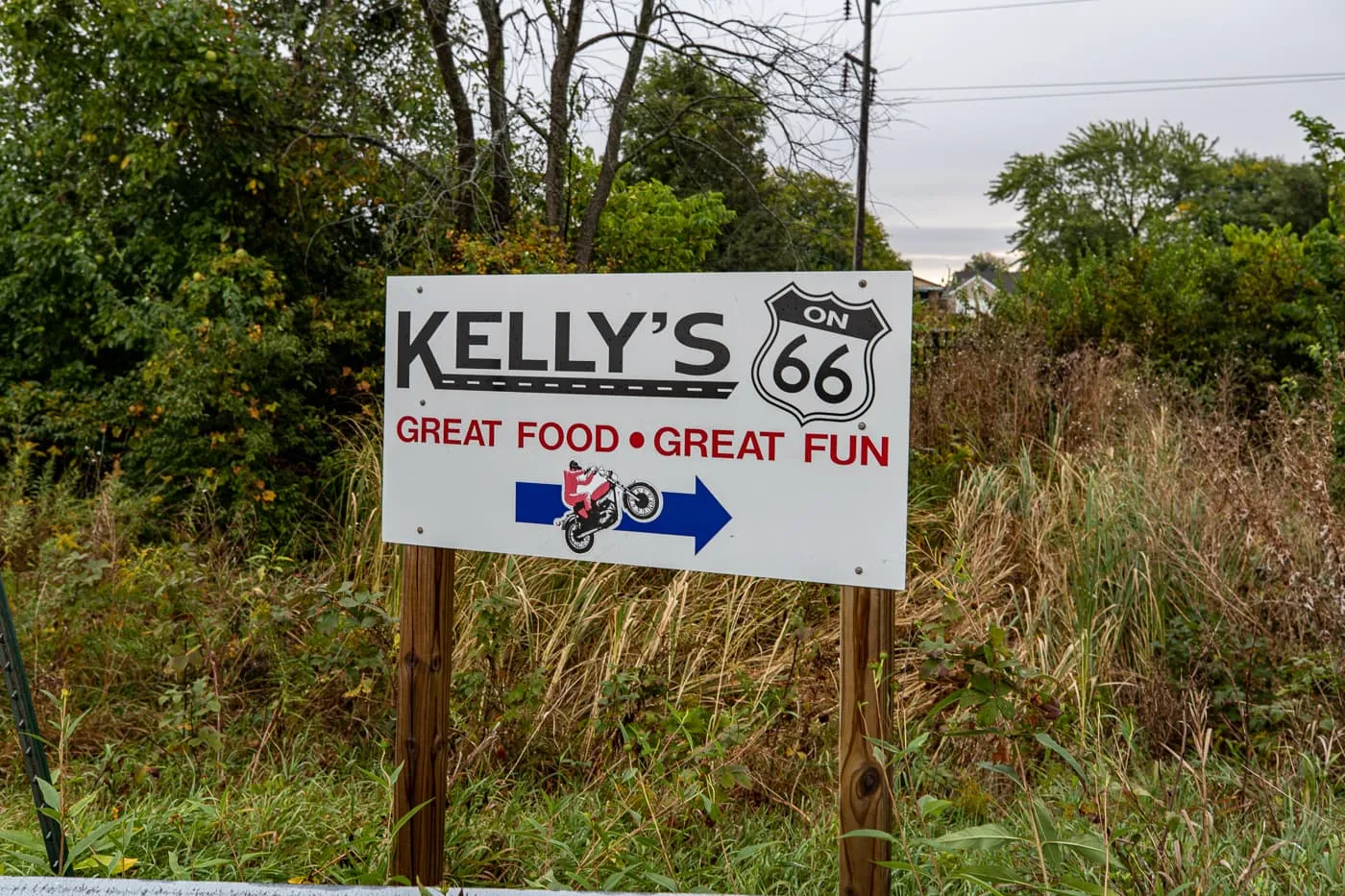Kelly's on 66 Great Food, Great Fun sign at Route 66 Memory Lane in Lexington, Illinois