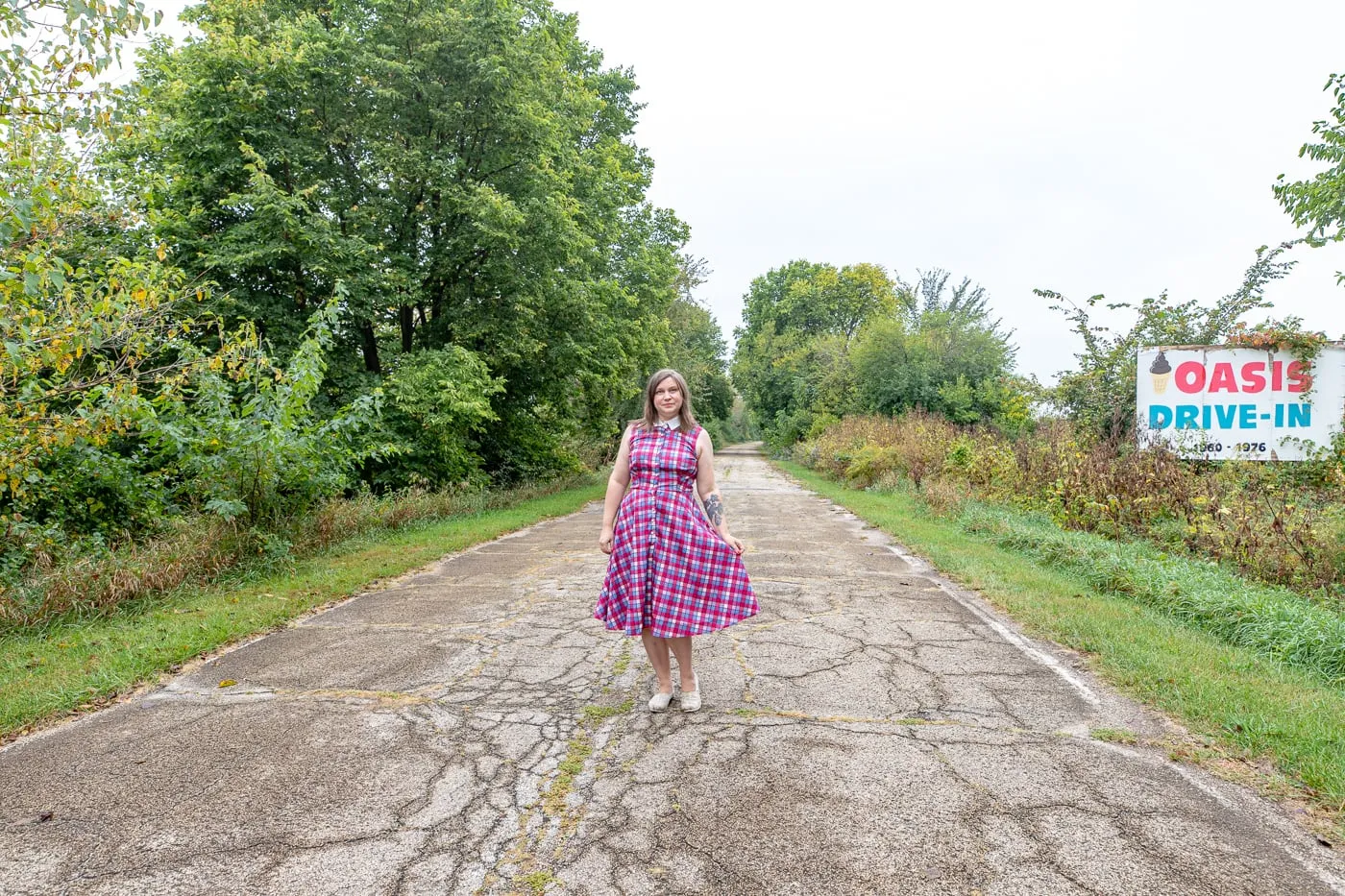 Walking on the original road at Route 66 Memory Lane in Lexington, Illinois