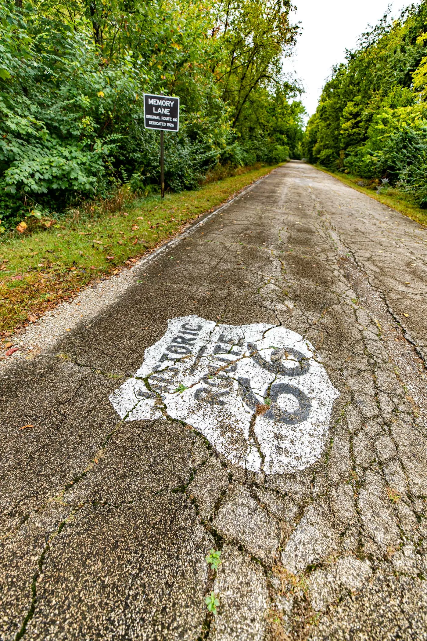 Route 66 shield on the road of Route 66 Memory Lane in Lexington, Illinois