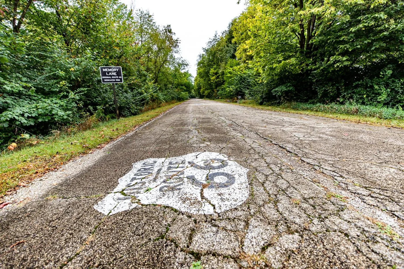 Route 66 shield on the road of Route 66 Memory Lane in Lexington, Illinois