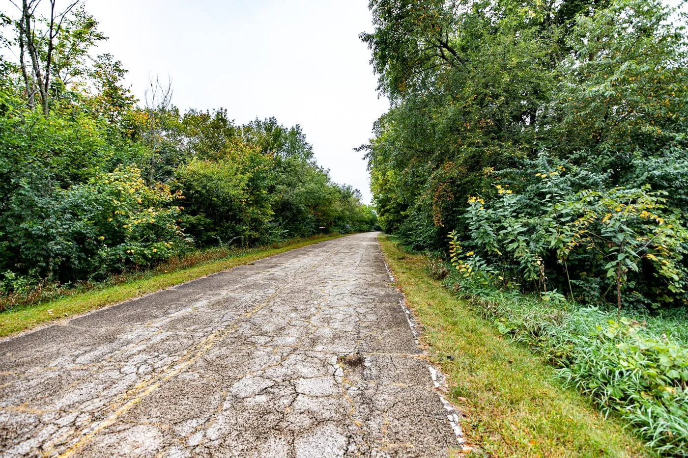 Walking on the original road at Route 66 Memory Lane in Lexington, Illinois