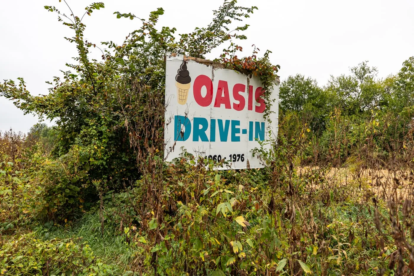 Oasis Drive-In sign at Route 66 Memory Lane in Lexington, Illinois