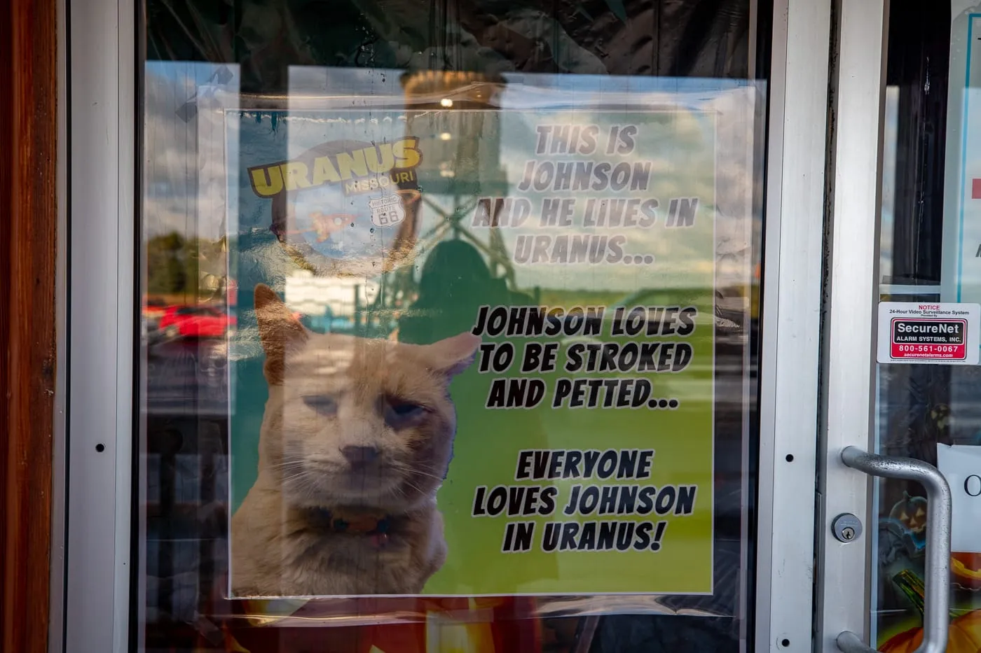 Johnson the cat at Uranus, Missouri and the Uranus Fudge Factory and General Store - Route 66 Roadside Attraction