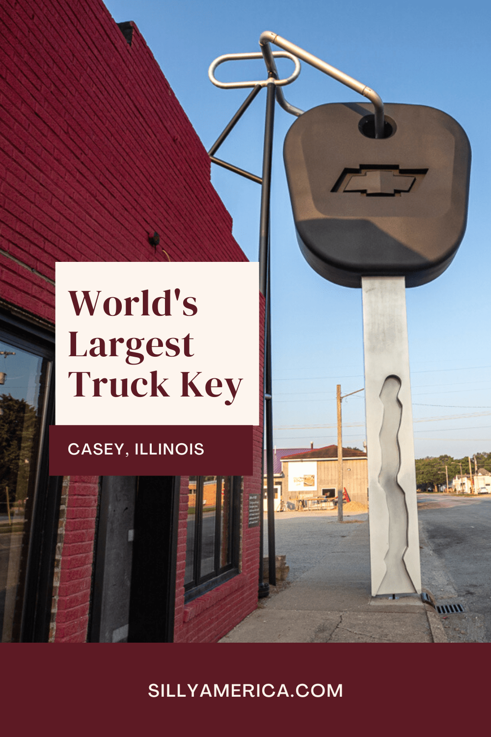 Casey, Illinois was already home to 6 world’s largest roadside attractions when they invited Guinness World Records to certify the world’s largest key. This giant truck key is a must see roadside attraction.  #IllinoisRoadsideAttractions #IllinoisRoadsideAttraction #RoadsideAttractions #RoadsideAttraction #RoadTrip #IllinoisRoadTrip #IllinoisWeekendGetaways #IllinoisWithKids #IllinoisRoadTripTravel
