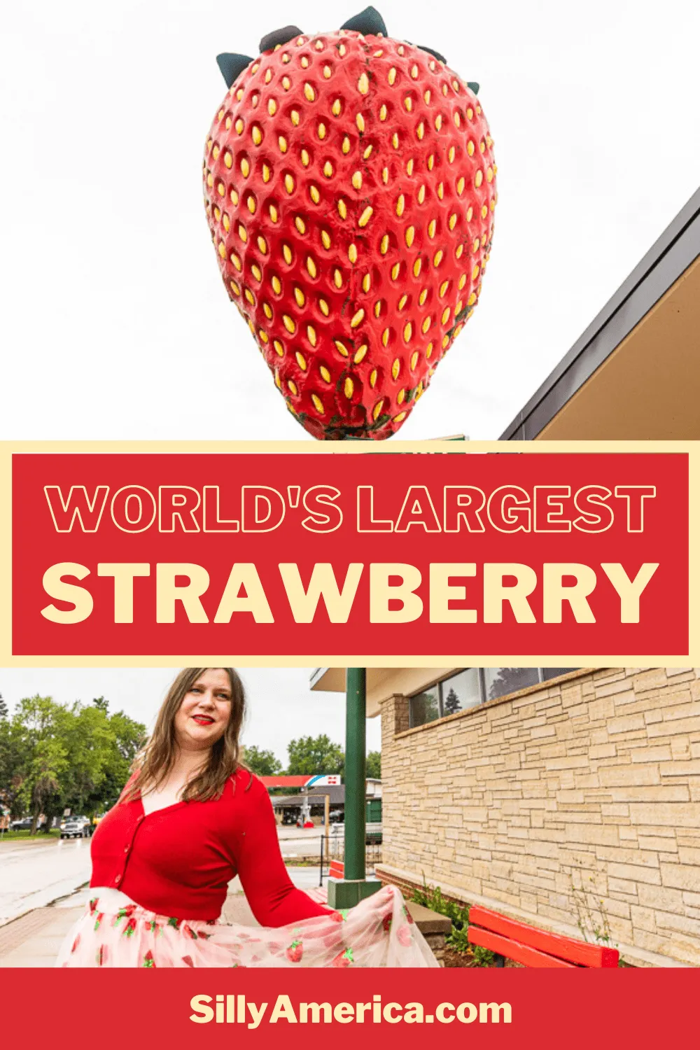 I love this Iowa roadside attraction BERRY much — and I hope you do too. It’s the world’s largest strawberry in Strawberry Point, Iowa. Stop at this giant berry on an Iowa road trip. It's a road trip stop you can't miss!   #IowaRoadsideAttractions #IowaRoadsideAttraction #RoadsideAttractions #RoadsideAttraction #RoadTrip #IowaRoadTrip #IowaThingsToDo #IowaRoadTripBucketLists #IowaBucketList #IowaRoadTripIdeas #IowaWaterfallsRoadTrip #IowaTravel #strawberry