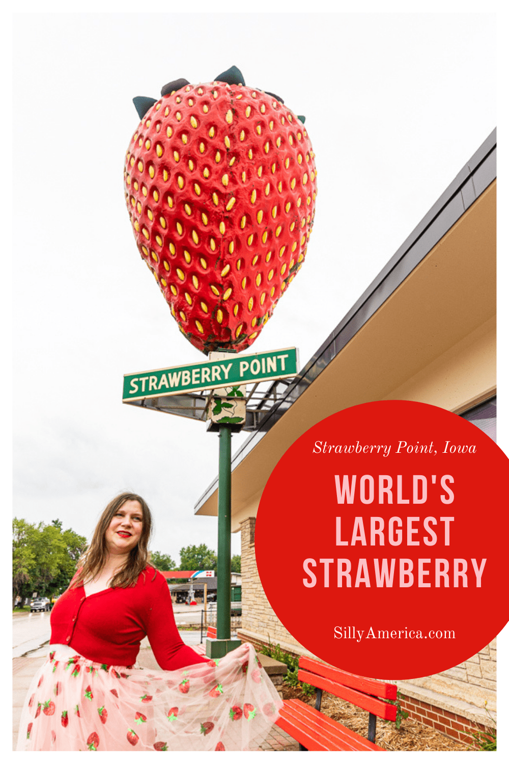 I love this Iowa roadside attraction BERRY much — and I hope you do too. It’s the world’s largest strawberry in Strawberry Point, Iowa. Stop at this giant berry on an Iowa road trip. It's a road trip stop you can't miss! #IowaRoadsideAttractions #IowaRoadsideAttraction #RoadsideAttractions #RoadsideAttraction #RoadTrip #IowaRoadTrip #IowaThingsToDo #IowaRoadTripBucketLists #IowaBucketList #IowaRoadTripIdeas #IowaWaterfallsRoadTrip #IowaTravel #strawberry