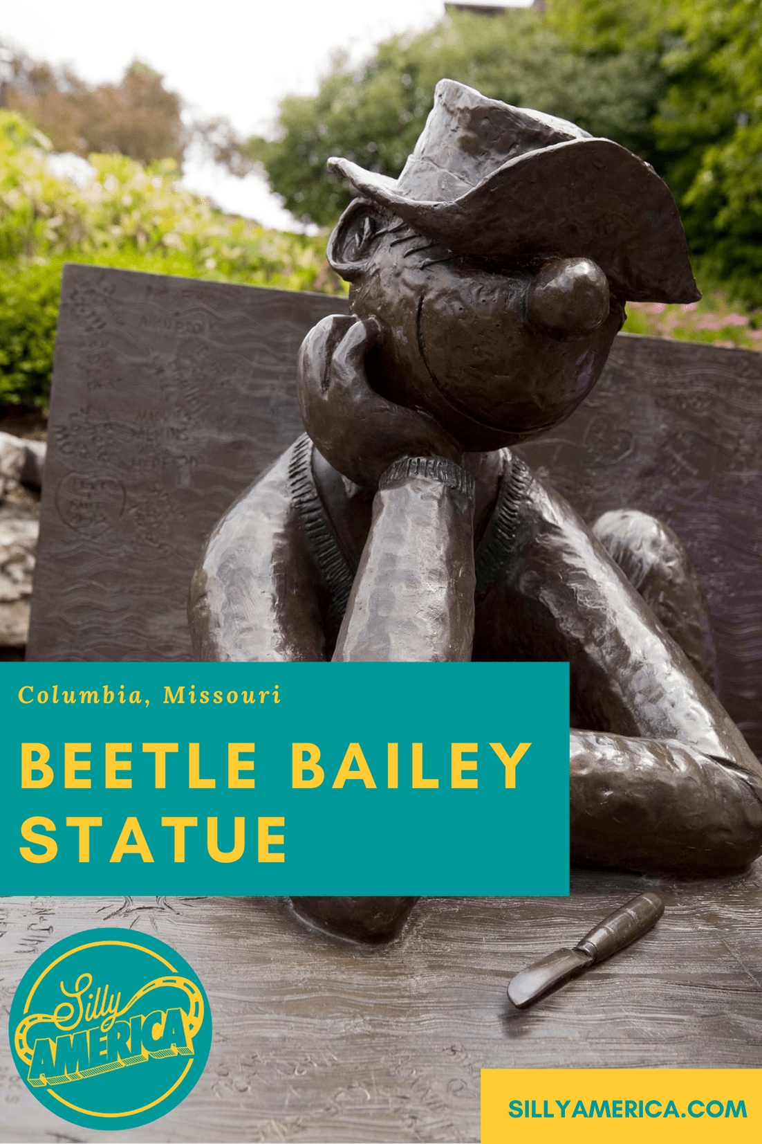 Celebrate comic strip artist and writer Mort Walker by visiting the Beetle Bailey Statue in Columbia, Missouri - a roadside attraction at the University of Missouri. #MissouriRoadsideAttractions #MissouriRoadsideAttraction #RoadsideAttractions #RoadsideAttraction #RoadTrip #MissouriRoadTrip #MissouriRoadTripMap #PlacestoVisitinMissouri #MissouriRoadTripIdeas #MissouriTravelRoadTrip #RoadsideAttraction #RoadsideAttractions