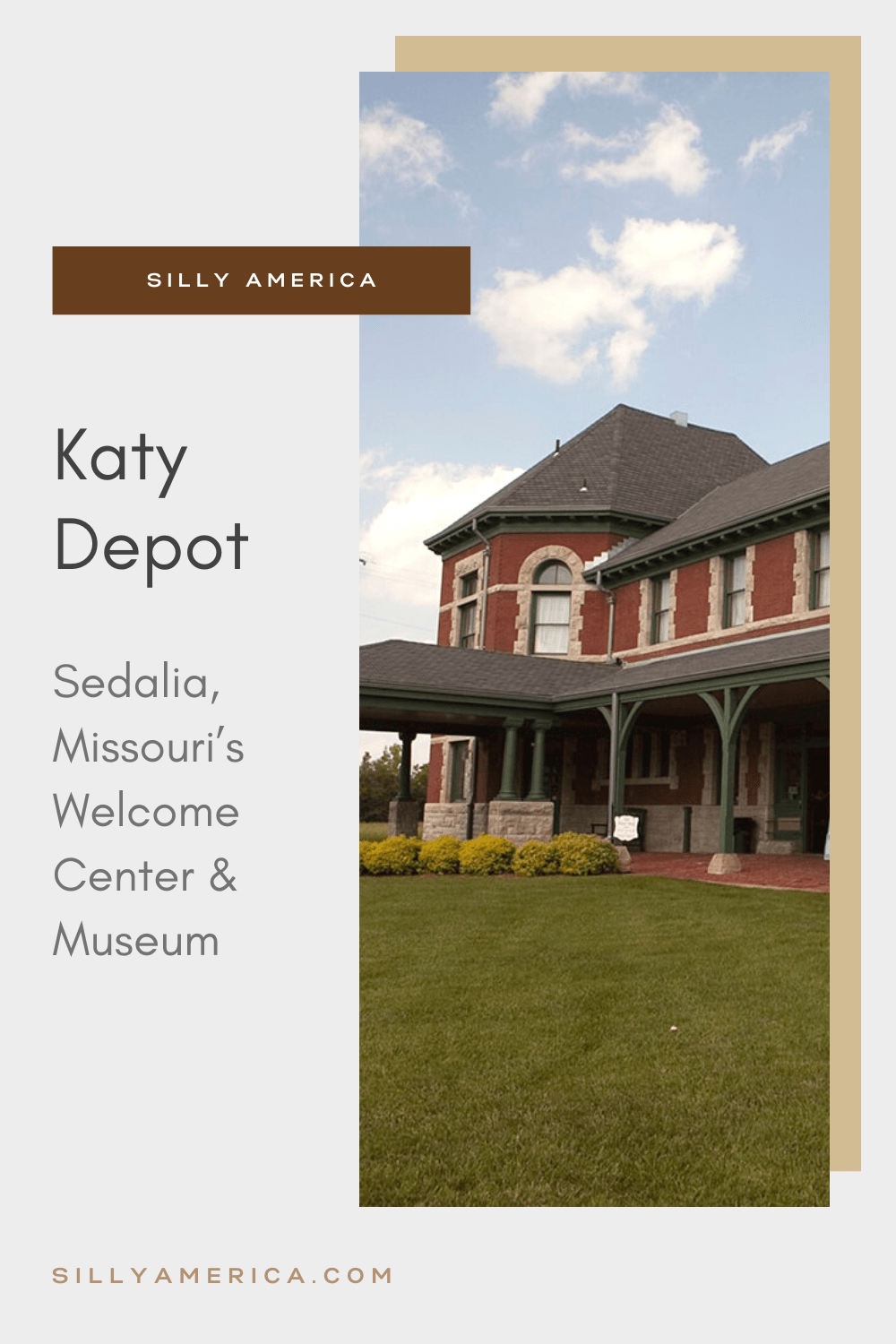 Built in 1896, the Katy Depot in Sedalia, Missouri was once a fully-functioning railroad station. Today, it serves as Sedalia's official welcome center. Visit the public art and historical displays on your Missouri road trip at this roadside attraction.  #MissouriRoadsideAttractions #MissouriRoadsideAttraction #RoadsideAttractions #RoadsideAttraction #RoadTrip #MissouriRoadTrip #MissouriRoadTripMap #PlacestoVisitinMissouri #MissouriRoadTripIdeas #MissouriTravelRoadTrip #RoadTrip