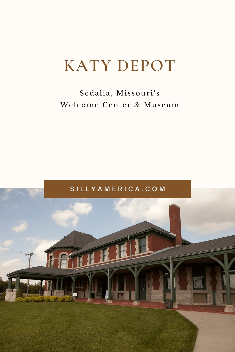 Built in 1896, the Katy Depot in Sedalia, Missouri was once a fully-functioning railroad station. Today, it serves as Sedalia's official welcome center. Visit the public art and historical displays on your Missouri road trip at this roadside attraction.  #MissouriRoadsideAttractions #MissouriRoadsideAttraction #RoadsideAttractions #RoadsideAttraction #RoadTrip #MissouriRoadTrip #MissouriRoadTripMap #PlacestoVisitinMissouri #MissouriRoadTripIdeas #MissouriTravelRoadTrip #RoadTrip