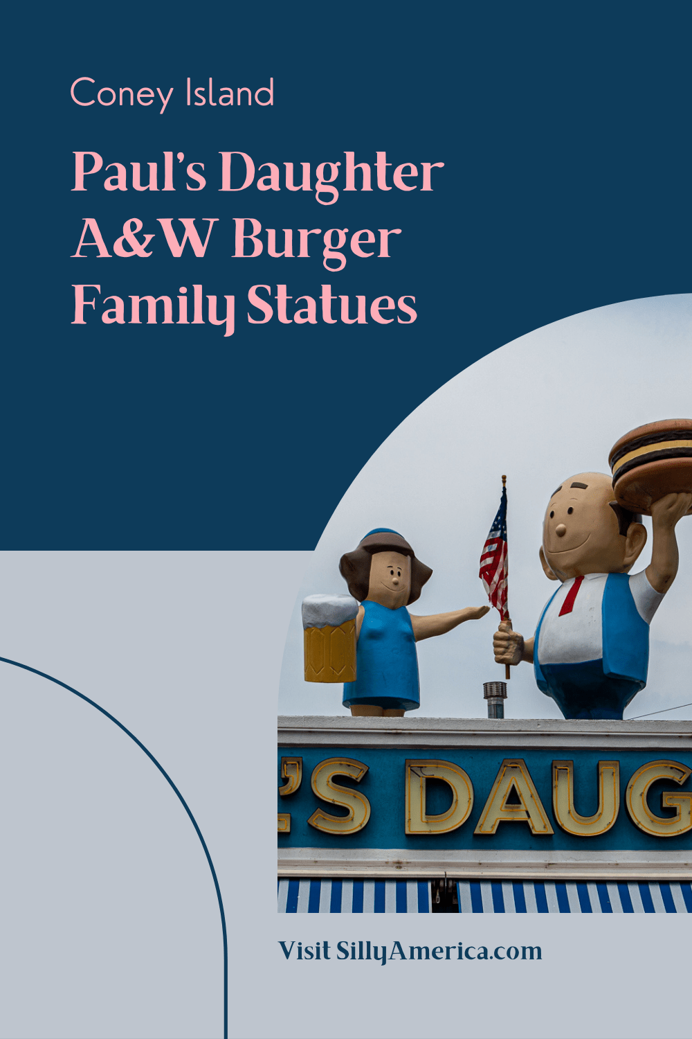 Paul's Daughter is one of the oldest restaurants on the Coney Island boardwalk. It's known for cold beer, clam strips, lobster rolls…and the fiberglass mama and papa A&W Burger Family statues on their roof. Check out these New York roadside attractions when you visit Luna Park and Coney Island. #NewYorkRoadsideAttractions #NewYorkRoadsideAttraction #RoadsideAttractions #RoadsideAttraction #RoadTrip #NewYorkRoadTrip #NewYorkRoadTripBucketLists #NewYorkBucketLists  #ThingsToDoInNewYork