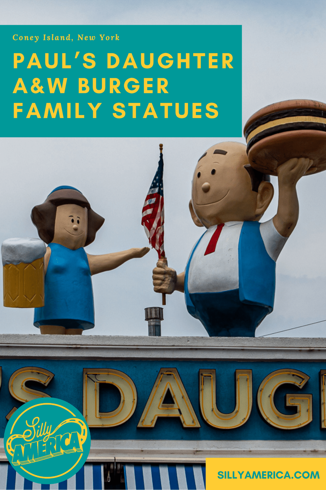 Paul's Daughter is one of the oldest restaurants on the Coney Island boardwalk. It's known for cold beer, clam strips, lobster rolls…and the fiberglass mama and papa A&W Burger Family statues on their roof. Check out these New York roadside attractions when you visit Luna Park and Coney Island. #NewYorkRoadsideAttractions #NewYorkRoadsideAttraction #RoadsideAttractions #RoadsideAttraction #RoadTrip #NewYorkRoadTrip #NewYorkRoadTripBucketLists #NewYorkBucketLists  #ThingsToDoInNewYork