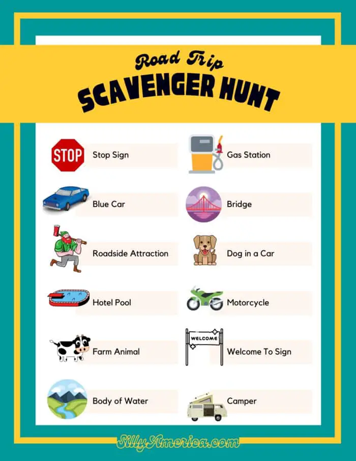 Free Road Trip Scavenger Hunt Free Printable Game Sheet