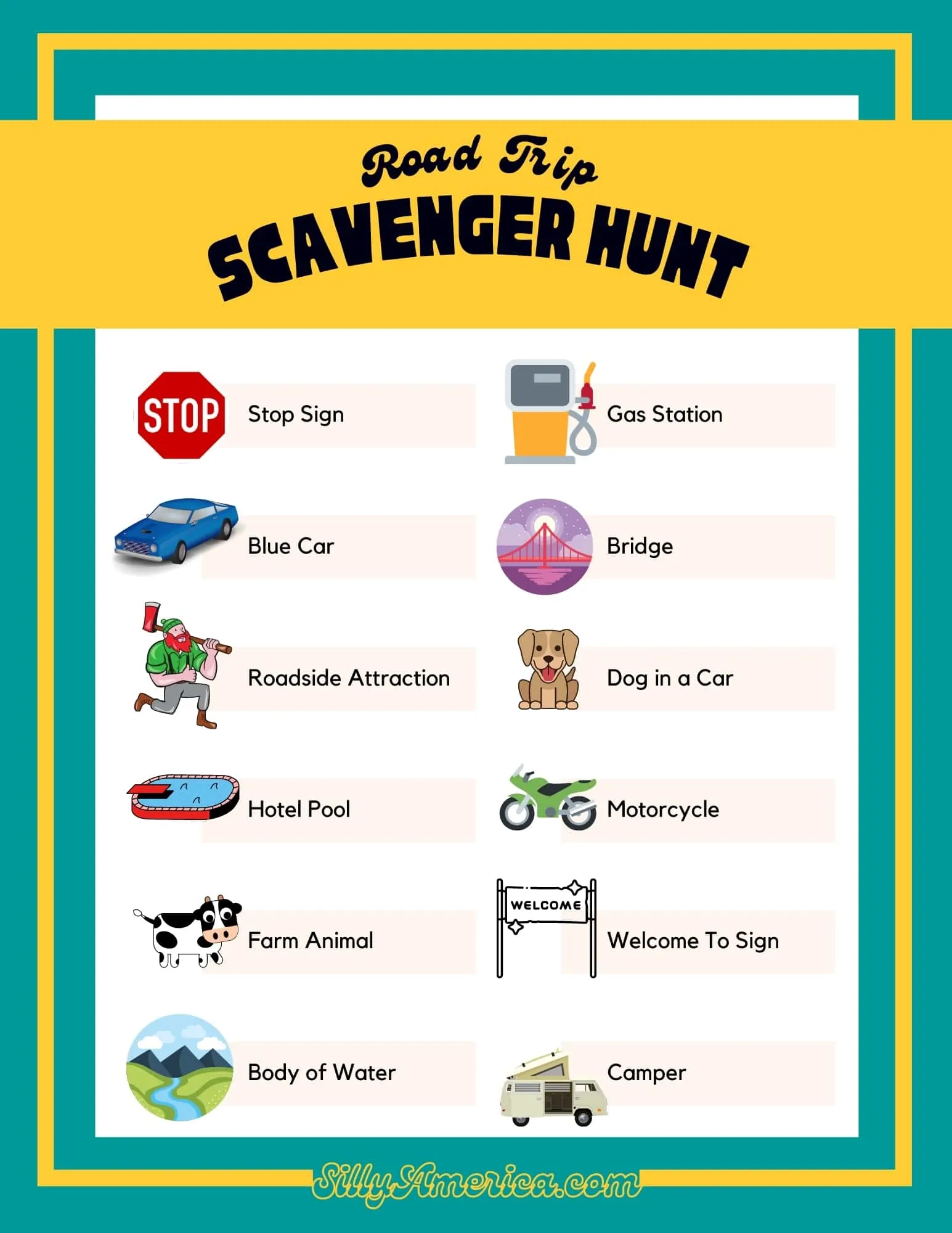 Free Road Trip Scavenger Hunt Free Printable Game Sheet