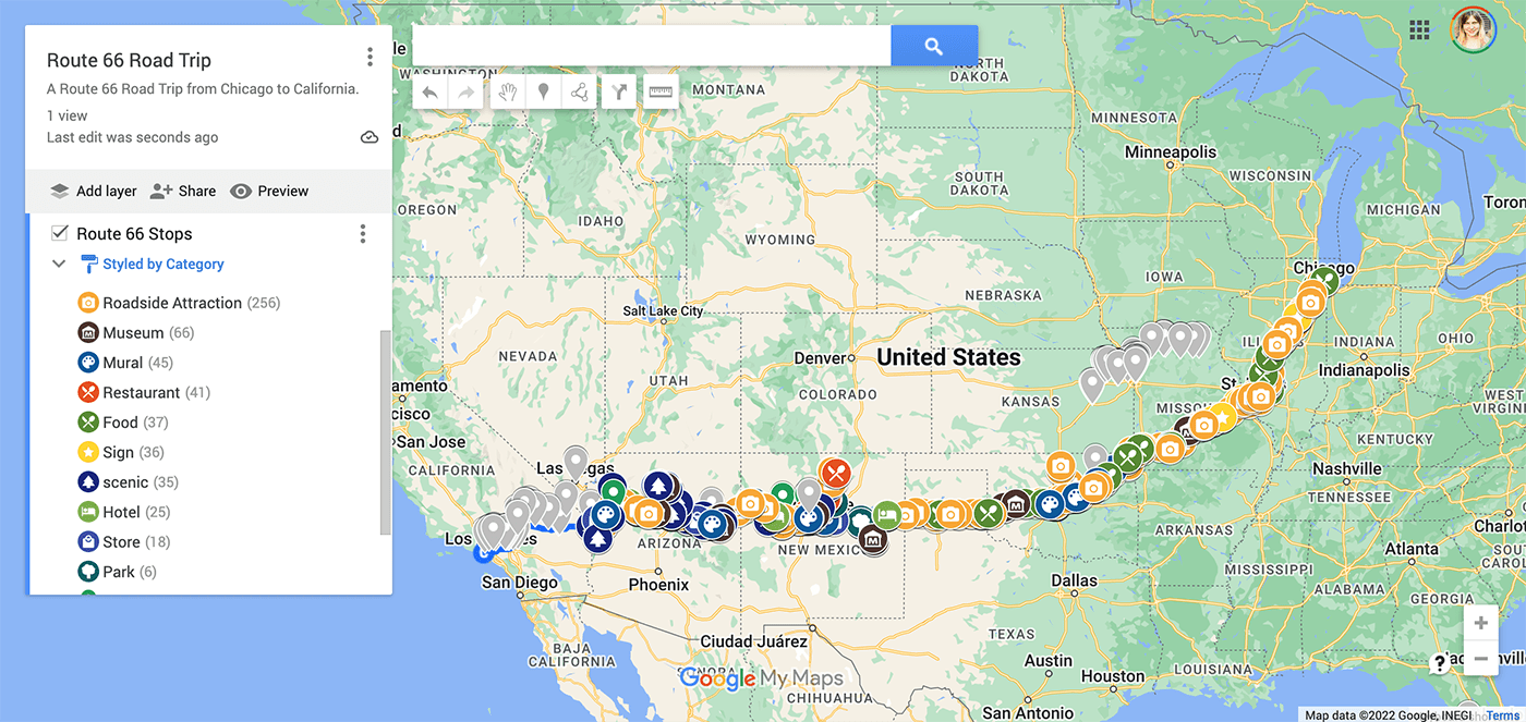Google My Maps Road Trip Route Styled by Category