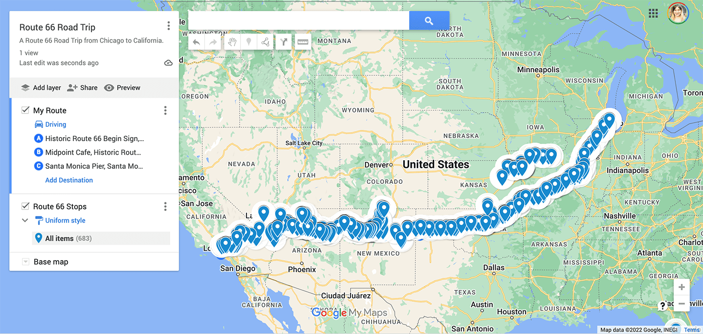 Google My Maps Road Trip Route