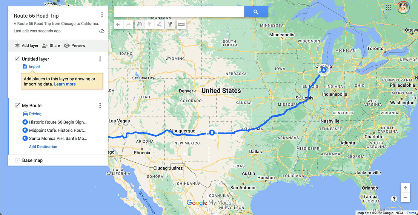 How to plot your road trip route in Google My Maps: - plotting the map route using Google My Maps