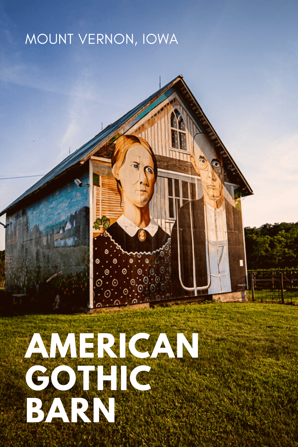 Grant Wood's famous painting "American Gothic" depicts a farmer and his daughter standing side by side in front of a farm house. The painting is oft reproduced, copied, and parodied and has inspired several roadside attractions. This, the American Gothic Barn in Mount Vernon, Iowa.  #IowaRoadsideAttractions #IowaRoadsideAttraction #RoadsideAttractions #RoadsideAttraction #RoadTrip #IowaRoadTrip #IowaThingsToDo #IowaRoadTripBucketLists #IowaBucketList #IowaRoadTripIdeas #IowaTravel