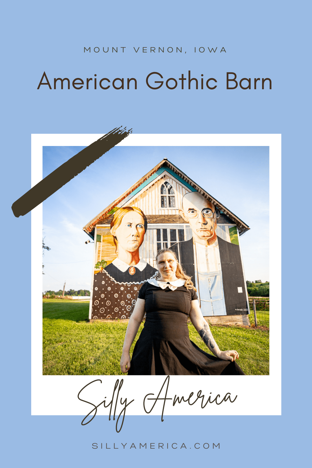 Grant Wood's famous painting "American Gothic" depicts a farmer and his daughter standing side by side in front of a farm house. The painting is oft reproduced, copied, and parodied and has inspired several roadside attractions. This, the American Gothic Barn in Mount Vernon, Iowa.  #IowaRoadsideAttractions #IowaRoadsideAttraction #RoadsideAttractions #RoadsideAttraction #RoadTrip #IowaRoadTrip #IowaThingsToDo #IowaRoadTripBucketLists #IowaBucketList #IowaRoadTripIdeas #IowaTravel