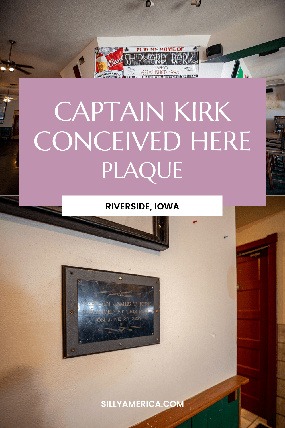 The Captain Kirk Conceived Here plaque at Murphy's Bar & Grill in Riverside, Iowa - the future birthplace of Star Trek's Captain James T. Kirk. #StarTrek #IowaRoadsideAttractions #IowaRoadsideAttraction #RoadsideAttractions #RoadsideAttraction #RoadTrip #IowaRoadTrip #IowaThingsToDo #IowaRoadTripBucketLists #IowaBucketList #IowaRoadTripIdeas #IowaTravel