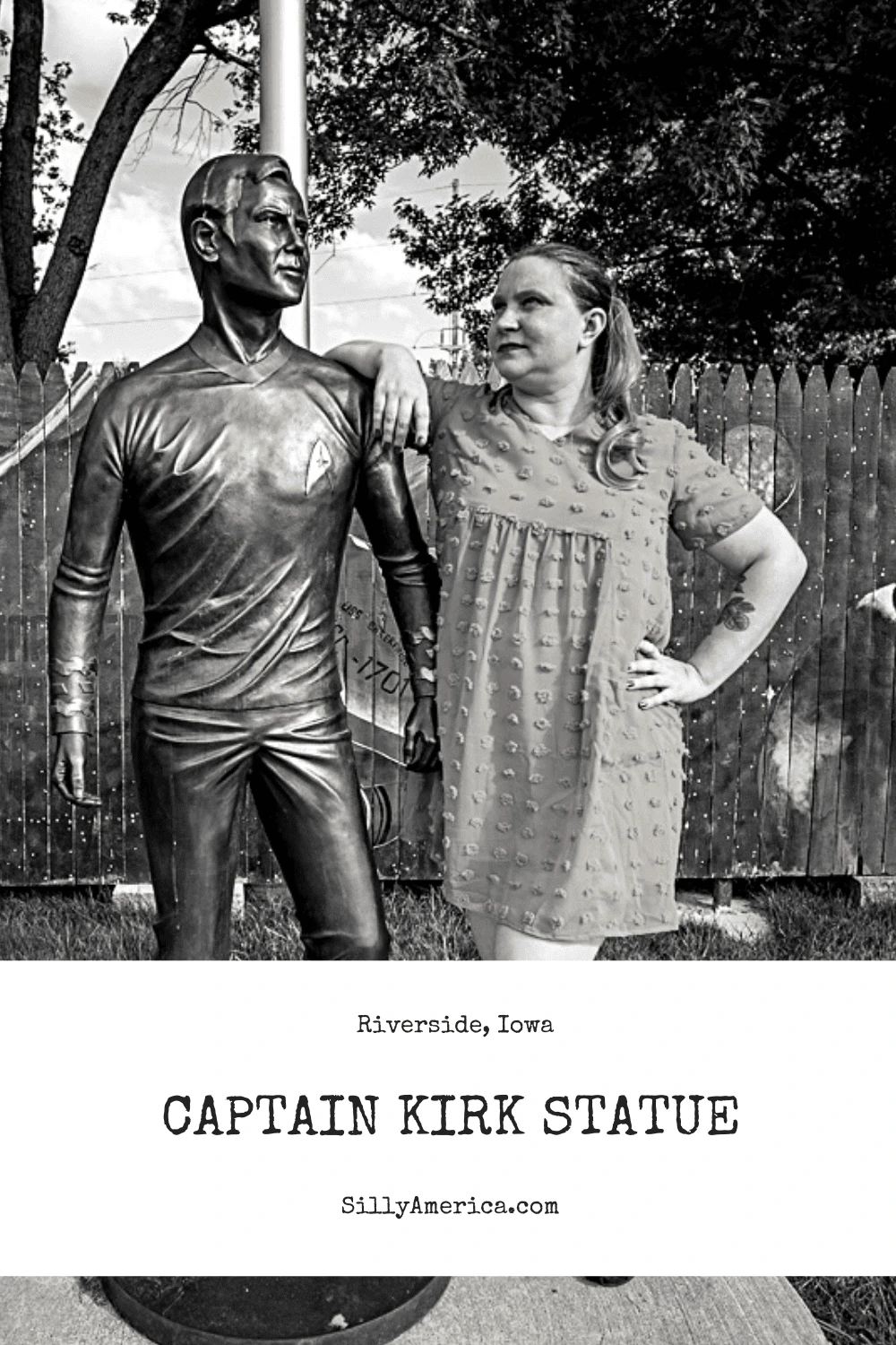 The bronze Captain Kirk statue was erected in the small town in Iowa where the Star Trek hero will eventually be born in 2228. Find this roadside attraction known for being the "future birthplace of Captain James t. Kirk" - the captain of Stark Trek's Starship Enterprise.  #StarTrek #IowaRoadsideAttractions #IowaRoadsideAttraction #RoadsideAttractions #RoadsideAttraction #RoadTrip #IowaRoadTrip #IowaThingsToDo #IowaRoadTripBucketLists #IowaBucketList #IowaRoadTripIdeas #IowaTravel