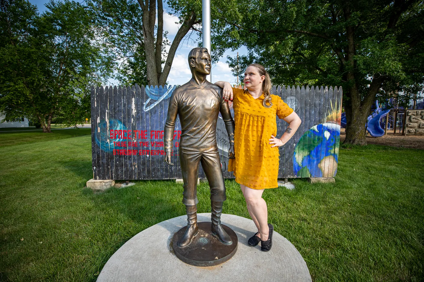 Bronze Captain Kirk statue in Riverside, Iowa - the future birthplace of Captain James T. Kirk of the Star Trek series