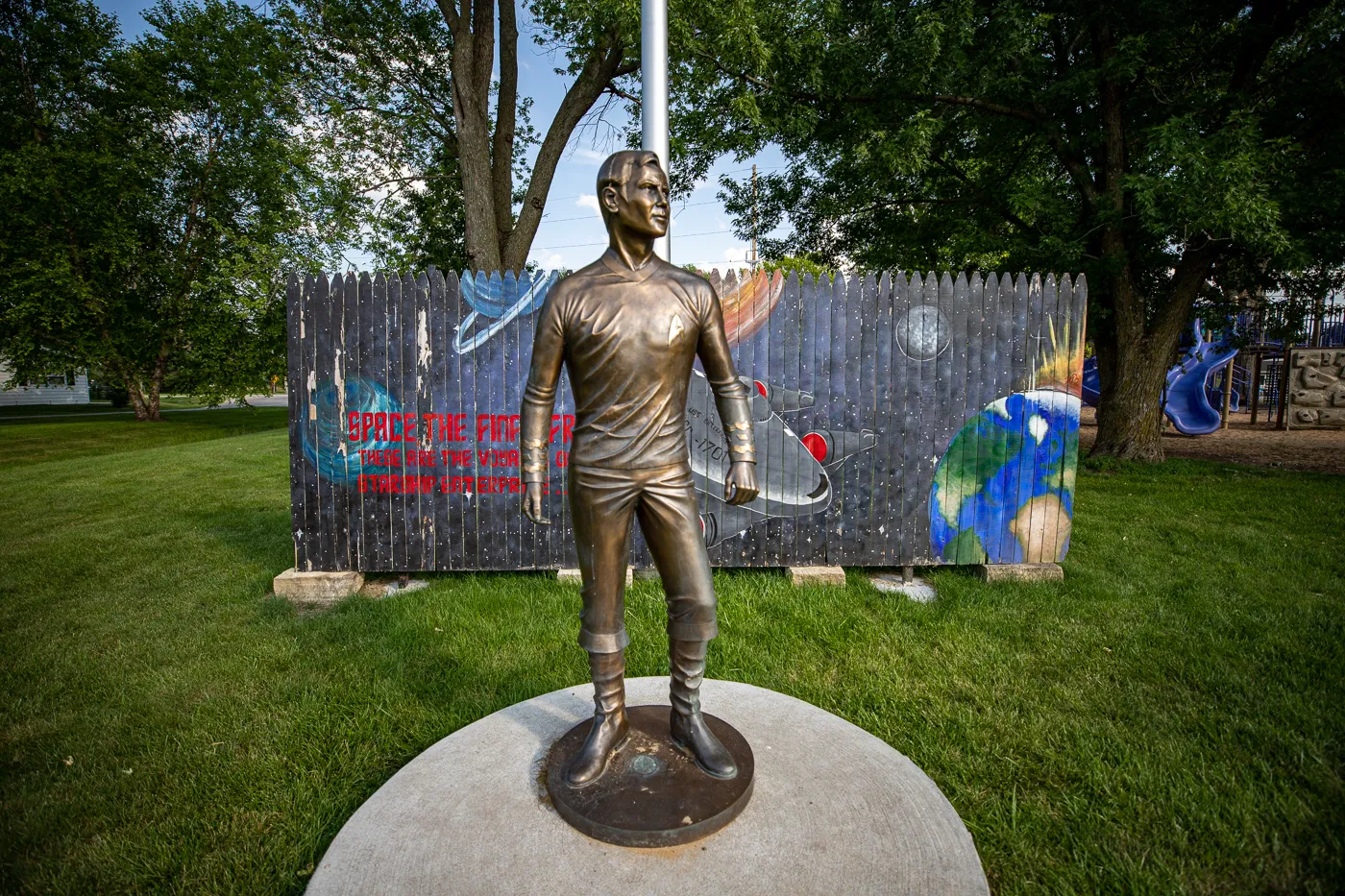 Bronze Captain Kirk statue in Riverside, Iowa - the future birthplace of Captain James T. Kirk of the Star Trek series