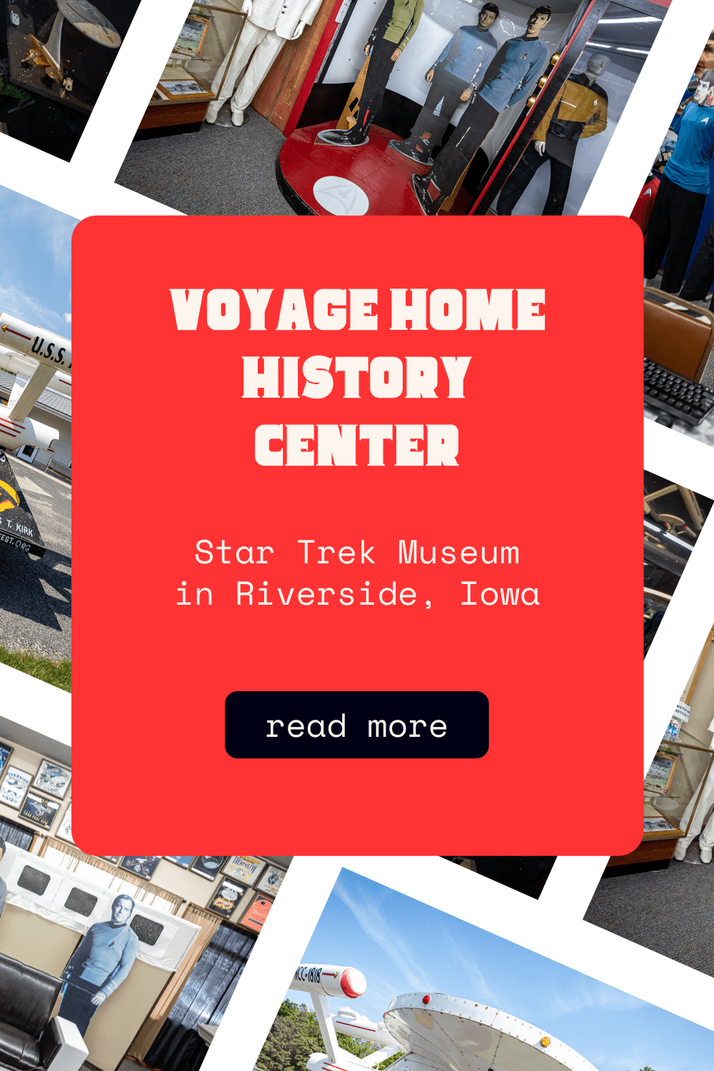 The Voyage Home History Center in Riverside, Iowa is a museum showcasing the town’s history…and future history. But most people would just call it a Star Trek Museum. Located in the Future Birthplace of Captain James T. Kirk this roadside attraction is a must see road trip stop.  #StarTrek #IowaRoadsideAttractions #IowaRoadsideAttraction #RoadsideAttractions #RoadsideAttraction #RoadTrip #IowaRoadTrip #IowaThingsToDo #IowaRoadTripBucketLists #IowaBucketList #IowaRoadTripIdeas #IowaTravel