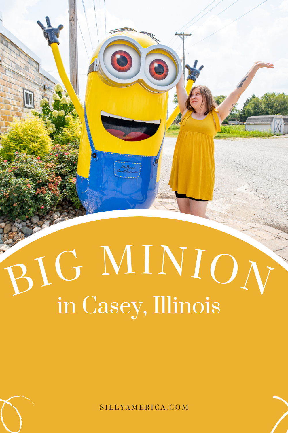 Casey, Illinois is a small town known for its big things. While you're in town exploring the world's largest things be sure to also check out this big Minion!  What is a Minion? They are bright yellow fictional creatures who were made popular by the Despicable Me movie franchise.   #IllinoisRoadsideAttractions #IllinoisRoadsideAttraction #RoadsideAttractions #RoadsideAttraction #RoadTrip #IllinoisRoadTrip #IllinoisWeekendGetaways #IllinoisWithKids #IllinoisRoadTripTravel 