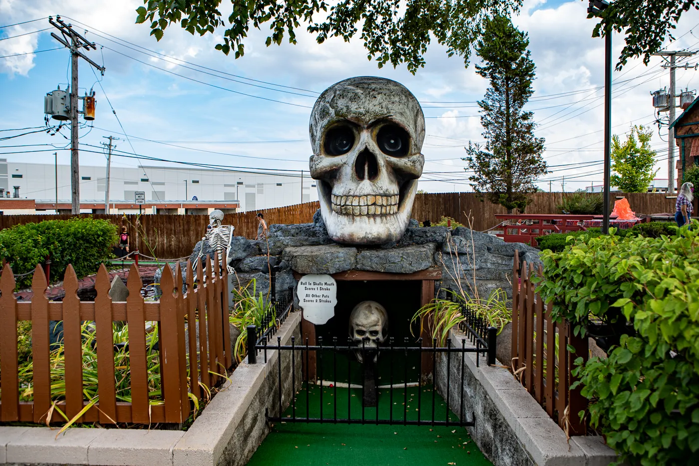 Giant skull at Haunted Trails mini golf in Burbank, Illinois