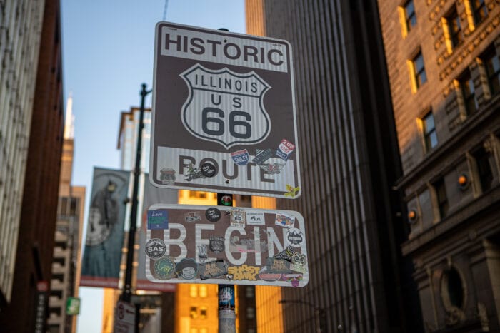 Historic Route 66 Begin Sign in Chicago, Illinois