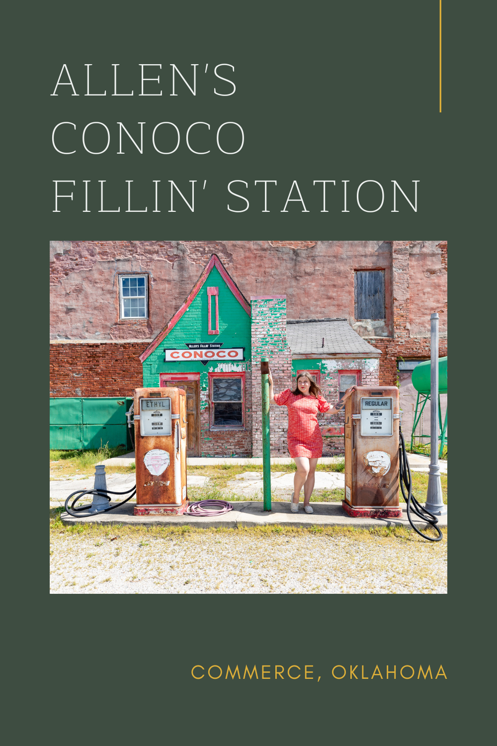 Allen's Conoco Fillin' Station in Commerce, Oklahoma is a Route 66 gem. While you won't be able to fill up your tank, you will get your fill of nostalgia for the glory days of the Mother Road at this vintage service station. #Route66 #Route66RoadTrip #OklahomaRoadsideAttractions #OklahomaRoadsideAttraction #RoadsideAttractions #RoadsideAttraction #RoadTrip #OklahomaRoadTrip #OklahomaRoadTripBucketLists #OklahomaBucketList #OklahomaRoadTripThingstoDo #OklahomaRoadTripIdeas 