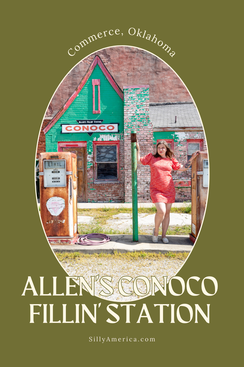 Allen's Conoco Fillin' Station in Commerce, Oklahoma is a Route 66 gem. While you won't be able to fill up your tank, you will get your fill of nostalgia for the glory days of the Mother Road at this vintage service station. #Route66 #Route66RoadTrip #OklahomaRoadsideAttractions #OklahomaRoadsideAttraction #RoadsideAttractions #RoadsideAttraction #RoadTrip #OklahomaRoadTrip #OklahomaRoadTripBucketLists #OklahomaBucketList #OklahomaRoadTripThingstoDo #OklahomaRoadTripIdeas 