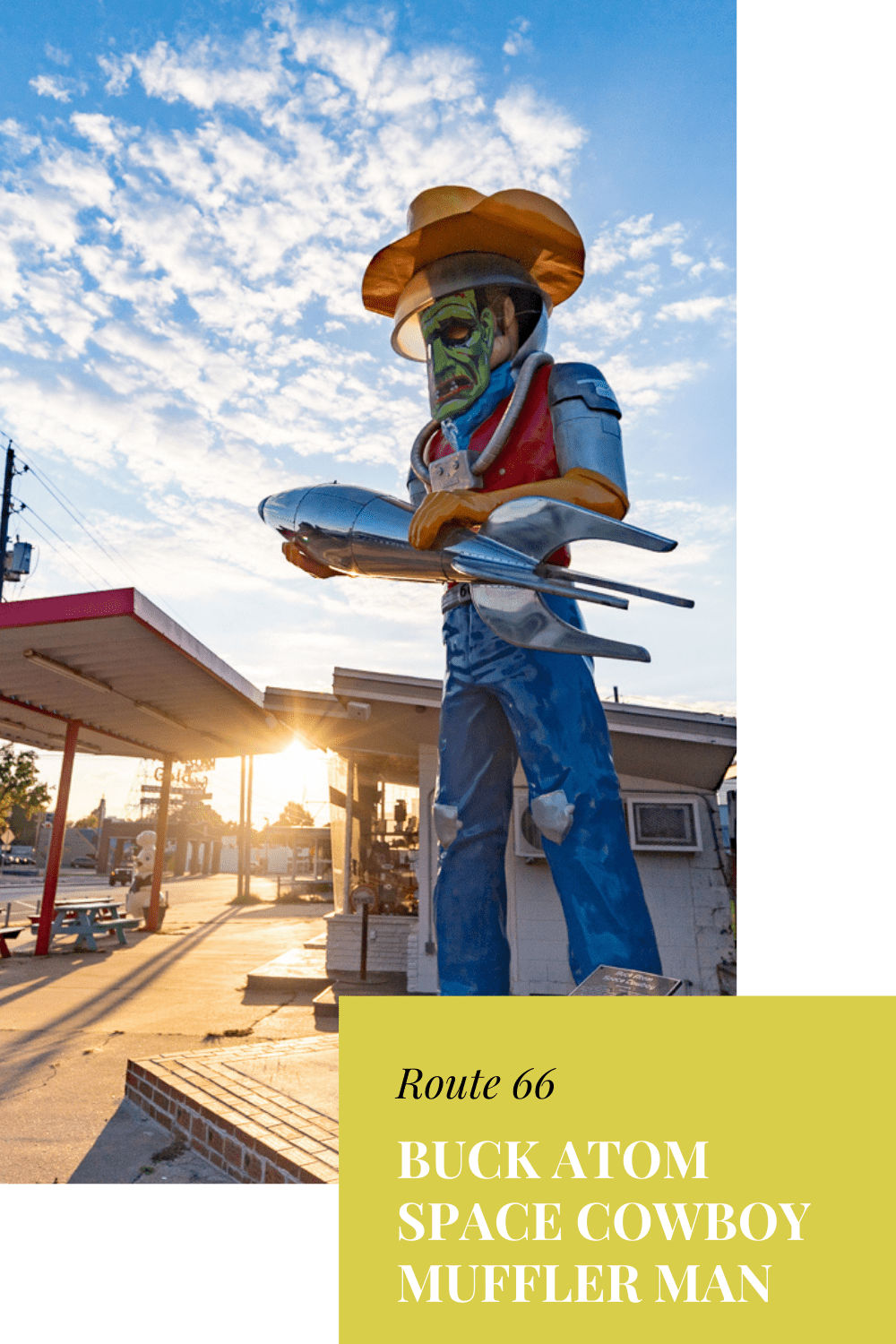 Buck Atom’s Cosmic Curios on 66 opened on Route 66 in 2018. The quirky souvenir shop is located in Tulsa, Oklahoma in a repurposed classic 1950’s PEMCO gas station. A year after opening the shop's mascot, a space cowboy named Buck Atom, was brought to life in the most spectacular of ways: with a giant fiberglass Buck Atom Space Cowboy Muffler Man.  #Route66 #Route66RoadTrip #OklahomaRoadsideAttractions #RoadsideAttraction #RoadTrip #OklahomaRoadTrip #MufflerMan