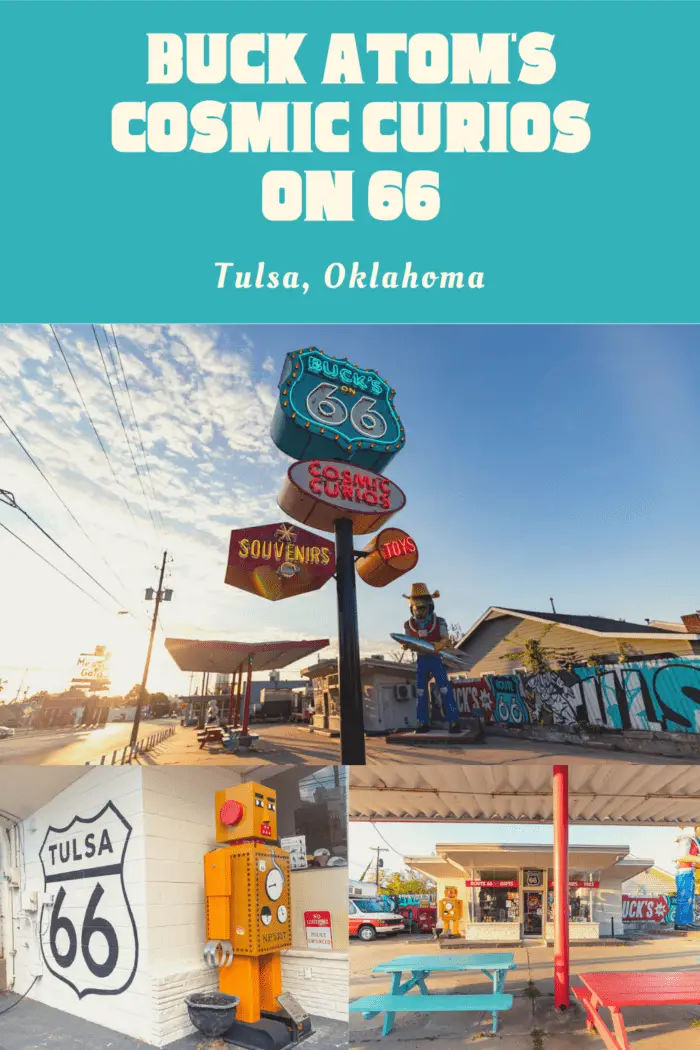 Modern day Route 66 embraces its vintage roots. On the Mother Road you’ll find many examples of restored and fondly remembered roadside attractions, service stations, motels, and more. But you’ll also find a new breed of Route 66 attraction. Ones that pay homage to the past with a definite modern twist. You’ll find just that at one of Route 66’s newest attractions: Buck Atom's Cosmic Curios on 66 and the Buck Atom Space Cowboy muffler man. #Route66 #Route66RoadTrip #OklahomaRoadsideAttractions
