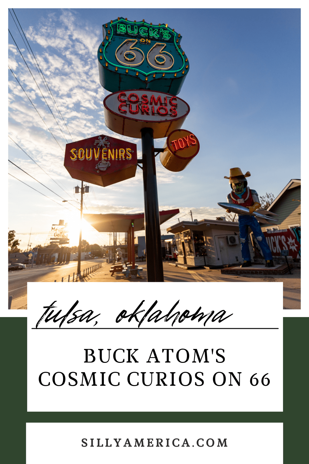 Modern day Route 66 embraces its vintage roots. On the Mother Road you’ll find many examples of restored and fondly remembered roadside attractions, service stations, motels, and more. But you’ll also find a new breed of Route 66 attraction. Ones that pay homage to the past with a definite modern twist. You’ll find just that at one of Route 66’s newest attractions: Buck Atom's Cosmic Curios on 66 and the Buck Atom Space Cowboy muffler man.  #Route66 #Route66RoadTrip #OklahomaRoadsideAttractions