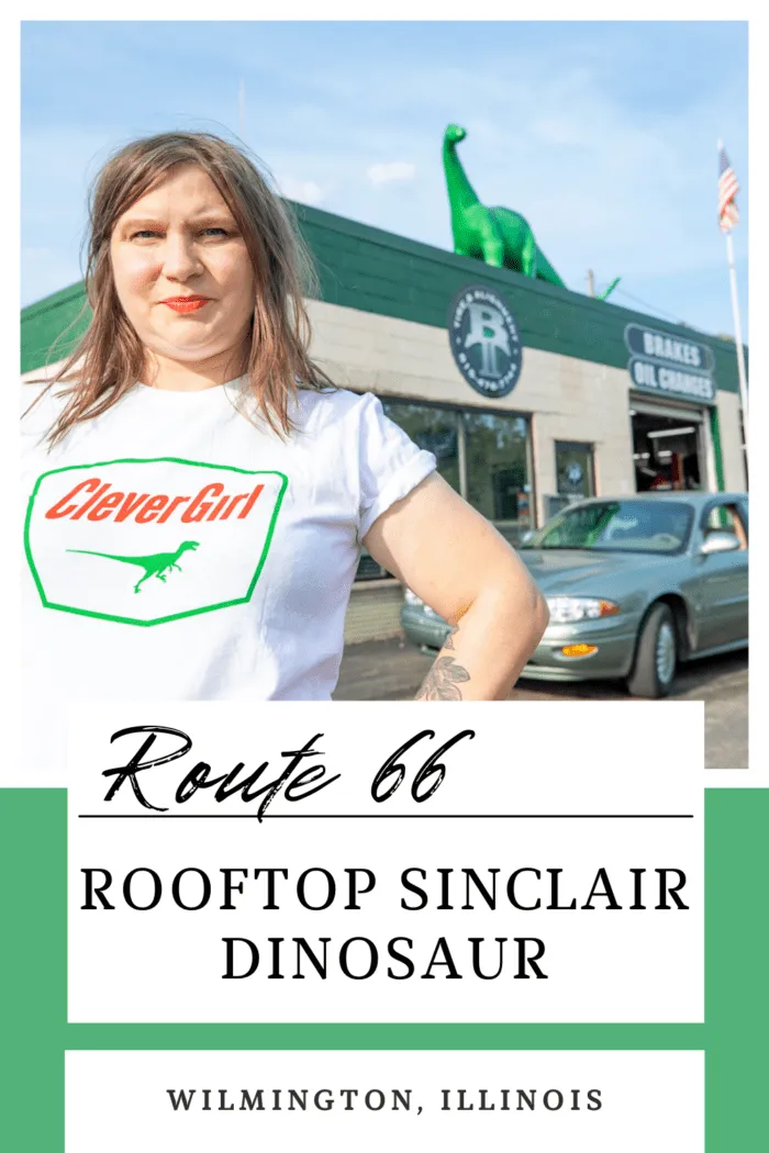 Traveling Route 66 or taking an Illinois road trip? You'll want to go the way of the dinosaur and visit this fun stop: the Rooftop Sinclair Dinosaur in Wilmington, Illinois. Be sure to visit this Illinois roadside attraction on your summer road trip. #Route66 #Route66RoadTrip #Illinois #Illinois RoadTrip #RoadTrip #RoadsideAttraction #RoadsideAttractions #Illinois RoadsideAttraction