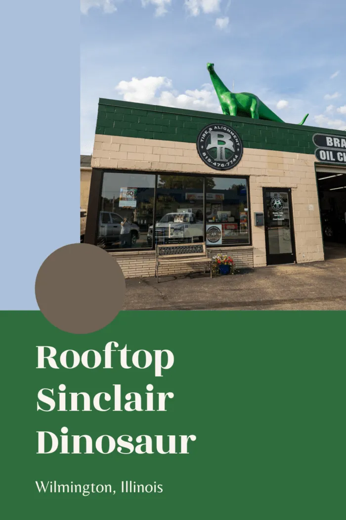 Traveling Route 66 or taking an Illinois road trip? You'll want to go the way of the dinosaur and visit this fun stop: the Rooftop Sinclair Dinosaur in Wilmington, Illinois. Be sure to visit this Illinois roadside attraction on your summer road trip. #Route66 #Route66RoadTrip #Illinois #Illinois RoadTrip #RoadTrip #RoadsideAttraction #RoadsideAttractions #Illinois RoadsideAttraction