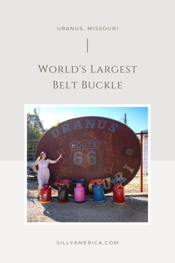 Buckle down and visit this Route 66 attraction: the world's largest belt buckle in Uranus, Missouri. VIsit this roadside attraction on a Route 66 road trip through Missouri.  #Route66 #Route66RoadTrip #MissouriRoute66 #Missouri #MissouriRoadTrip #MissouriRoadsideAttractions #RoadsideAttractions #RoadsideAttraction #RoadsideAmerica #RoadTrip