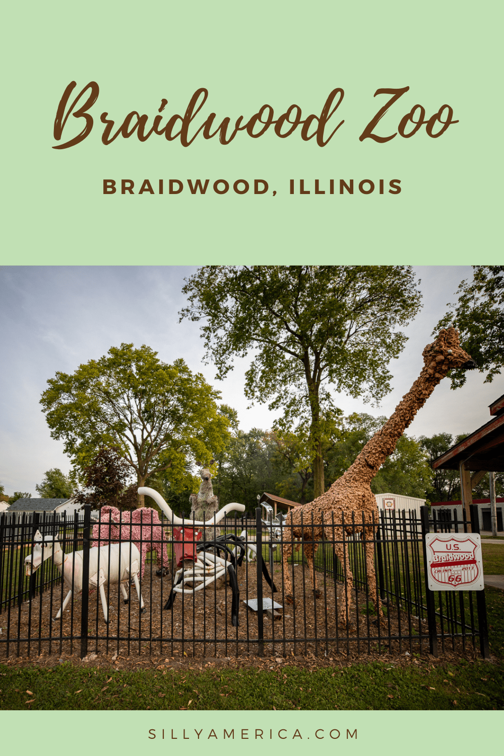 It's a zoo at this Illinois Route 66 roadside attraction! Literally…at least kind of... Visit the Braidwood Zoo in Braidwood, Illinois to find this menagerie of strange animal art.   #RoadTrips #RoadTripStop  #Route66 #Route66RoadTrip #IllinoisRoute66 #Illinois #IllinoisRoadTrip #IllinoisRoadsideAttractions #Illinois #RoadsideAttractions #RoadsideAttraction #RoadsideAmerica #RoadTrip