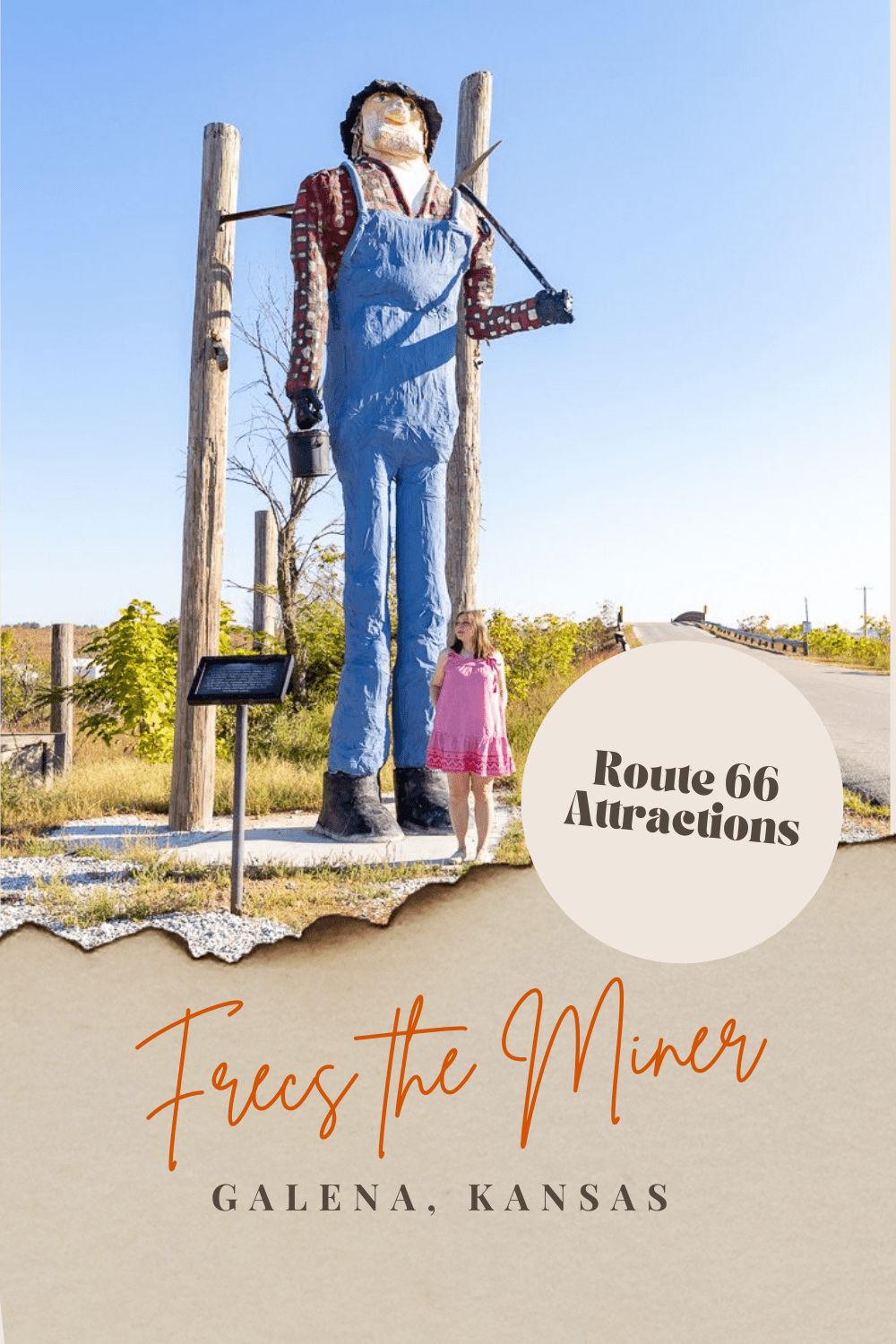 The Kansas section of Route 66 may be small, but it is packed with roadside attractions. One of the newest attractions can be found soon after entering the state. Located on the original alignment of Kansas Route 66 you'll find this modern version of a classic muffler man: Frecs the Miner in Galena, Kansas.  #RoadTrips #RoadTripStop  #Route66 #Route66RoadTrip #KansasRoute66 #Kansas #KansasRoadTrip #KansasRoadsideAttractions #RoadsideAttractions #RoadsideAttraction #RoadsideAmerica #RoadTrip