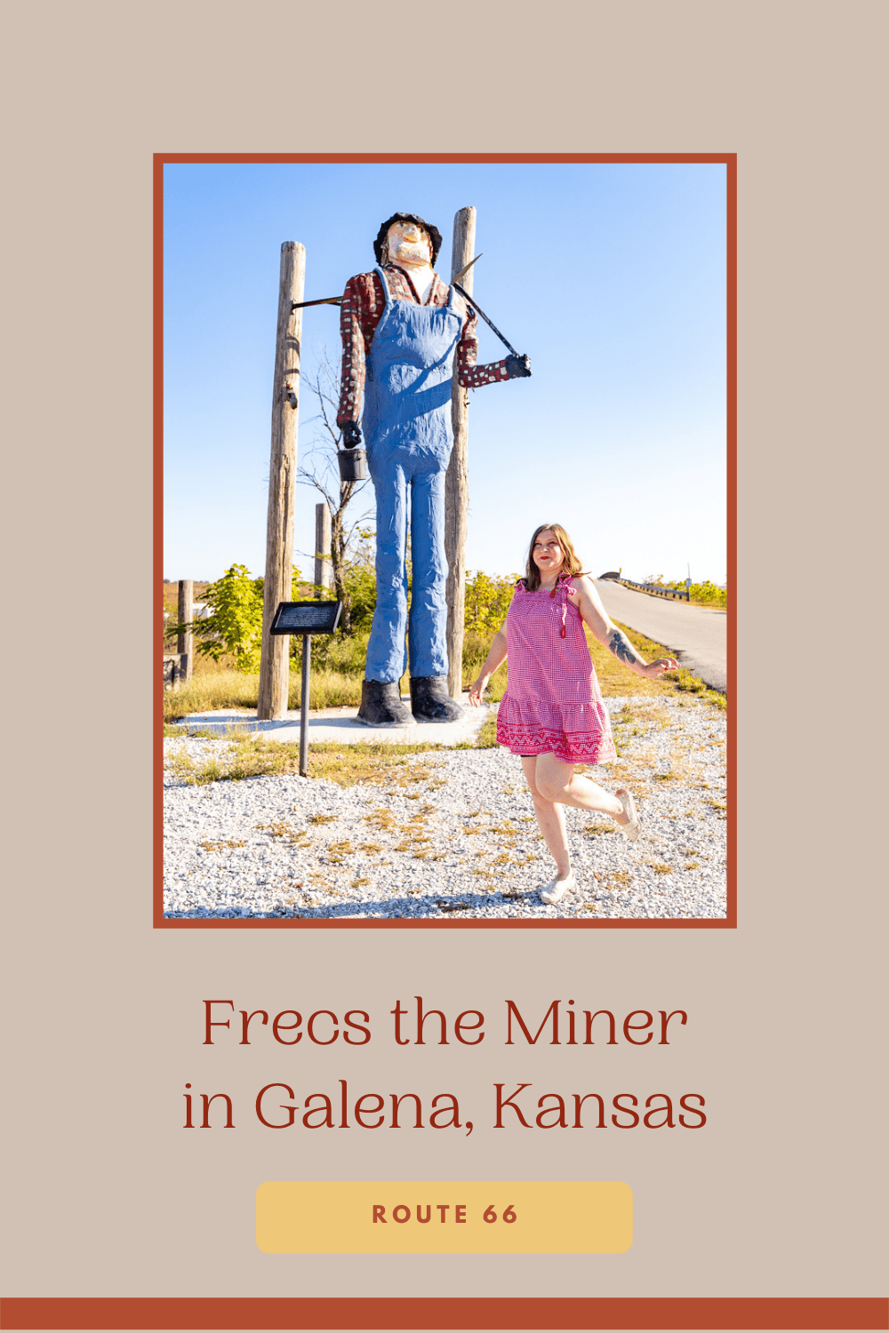 The Kansas section of Route 66 may be small, but it is packed with roadside attractions. One of the newest attractions can be found soon after entering the state. Located on the original alignment of Kansas Route 66 you'll find this modern version of a classic muffler man: Frecs the Miner in Galena, Kansas.  #RoadTrips #RoadTripStop  #Route66 #Route66RoadTrip #KansasRoute66 #Kansas #KansasRoadTrip #KansasRoadsideAttractions #RoadsideAttractions #RoadsideAttraction #RoadsideAmerica #RoadTrip