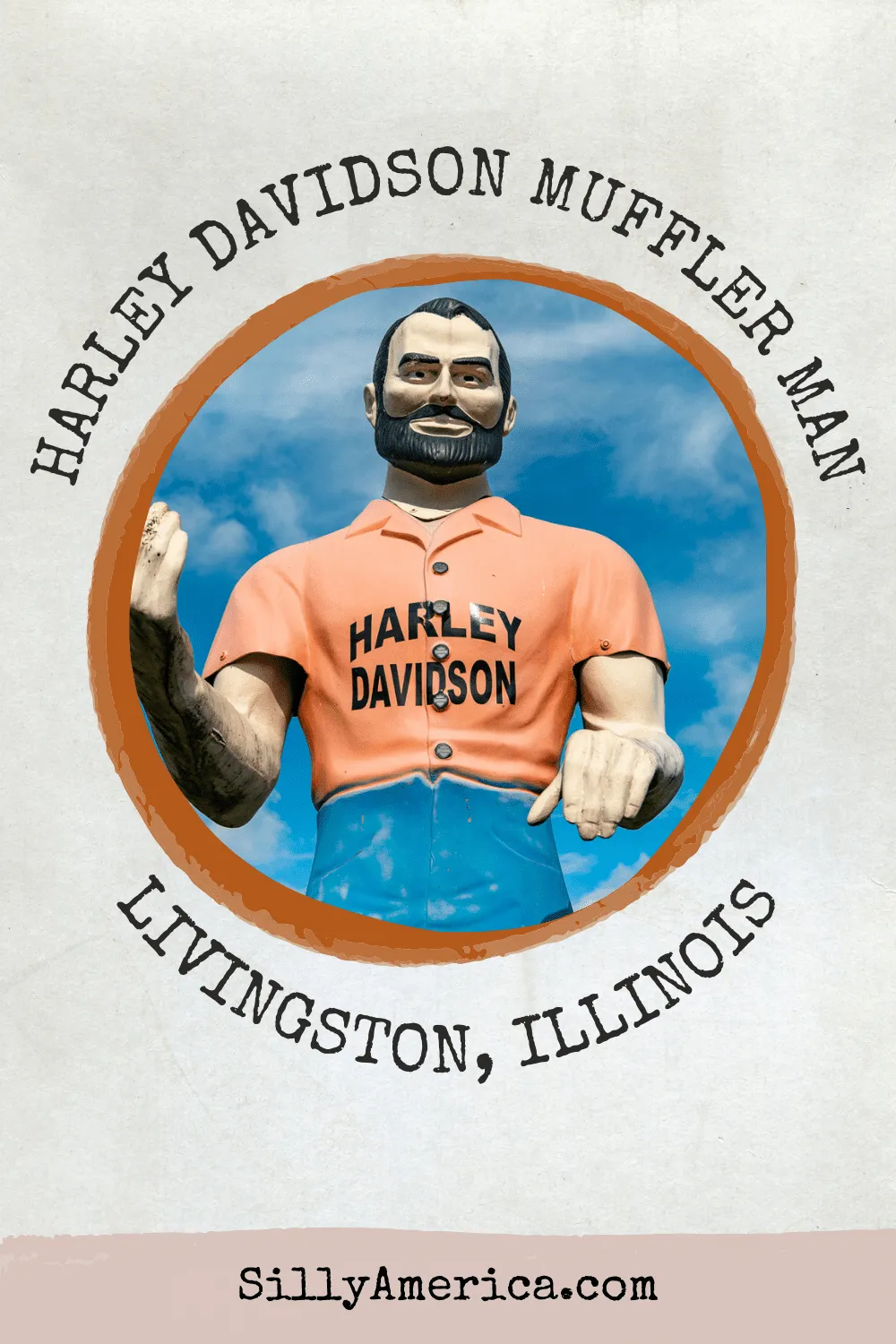 This roadside attraction is a muffler man turned motorcycle man. The giant biker can be found at the Pink Elephant Antique Mall in Livingston, Illinois: the Harley Davidson Muffler Man. Visit this Route 66 roadside attraction on an Illinois road trip.  #RoadTrips #RoadTripStop #Route66 #Route66RoadTrip #IllinoisRoute66 #Illinois #IllinoisRoadTrip #IllinoisRoadsideAttractions #RoadsideAttractions #RoadsideAttraction #RoadsideAmerica #RoadTrip